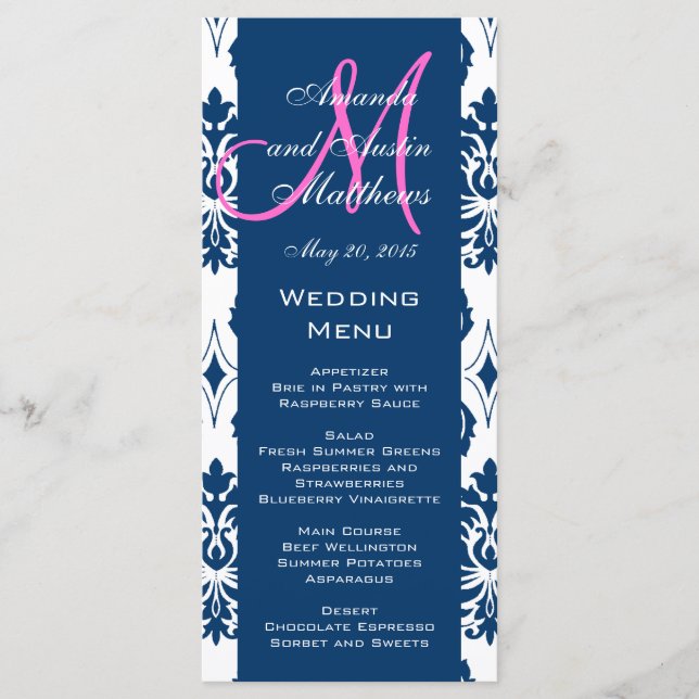 Cartes de menu Mariage Blue Damask Monogram (Devant)