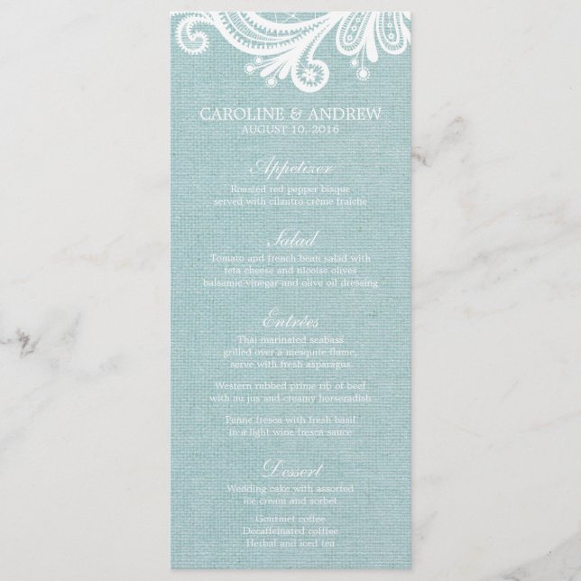 Cartes de menu Mariage Burlap et Lace (Devant)