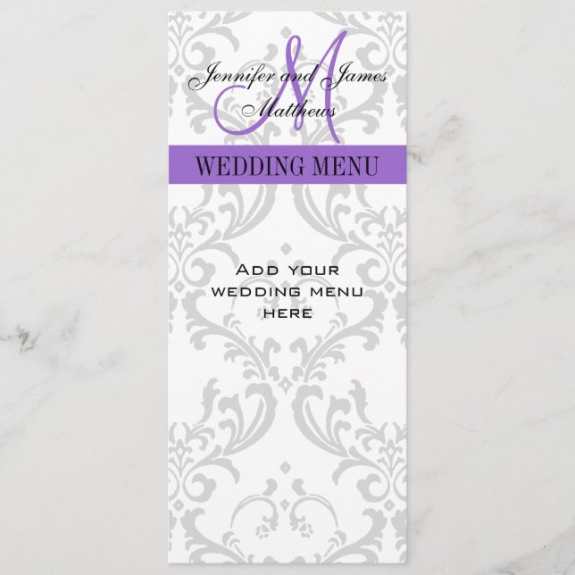 Cartes de menu Mariage Damask Monogramme Purple (Devant)