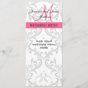 Cartes de menu Mariage Damask Monogramme rose blan