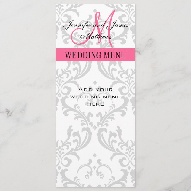 Cartes de menu Mariage Damask Monogramme rose blan (Devant)