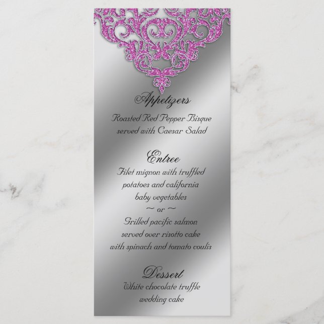 Cartes de menu mariage damassé rose étincelant (Devant)