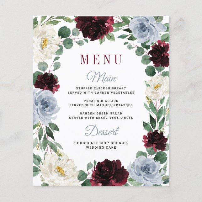 Cartes de menu Mariage de automne Dusty Blue Boho (Devant)