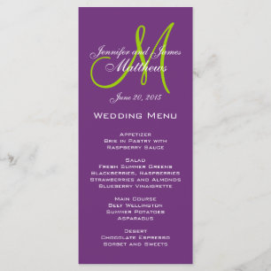 Cartes de menu Mariage de monogramme pourpre damas