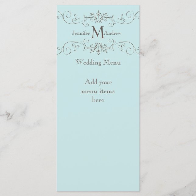 Cartes de menu Mariage de Monogrammes Bleus (Devant)