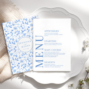 Cartes de menu mariage en porcelaine fleurie bleue