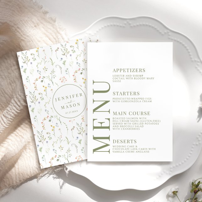 Cartes de menu Mariage Fleurs de prairie vertes po (Créateur téléchargé)
