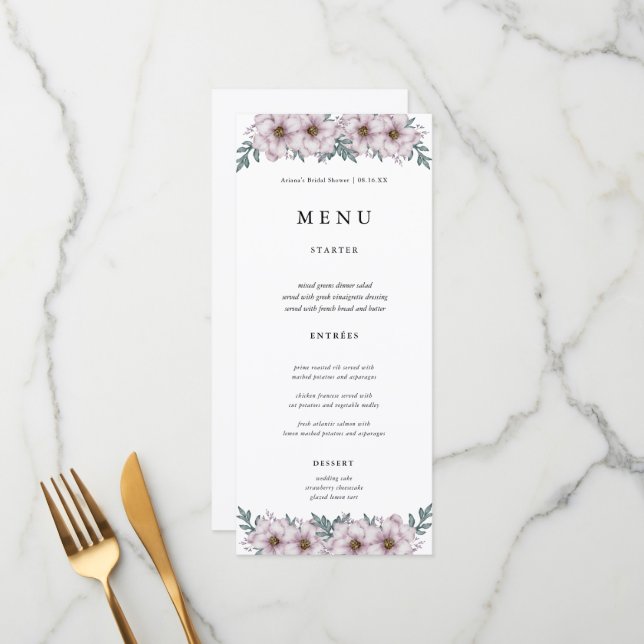 Cartes de menu Mariage Floral Eucalyptus (Devant/Arrière en situation)