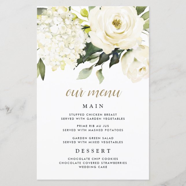 Cartes de menu Mariage Hydrangea Elegant White Gol (Devant)