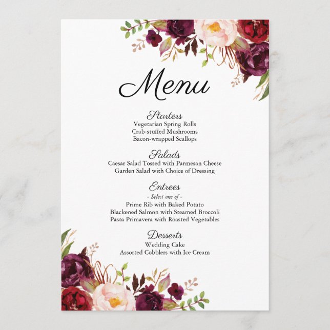 Cartes de menu Mariage marsala et rose (Devant)