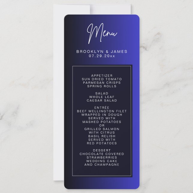 Cartes de menu Mariage minimales bleues de minuit (Devant)