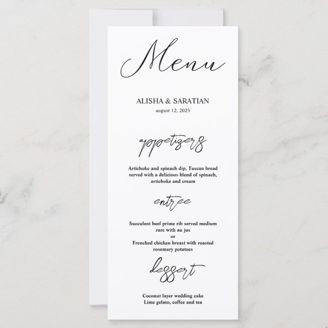 Cartes de menu Mariage minimes élégantes (Devant)