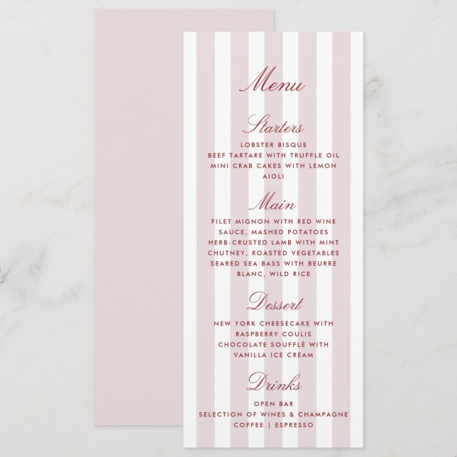 Cartes de menu Mariage modernes à rayures roses (Devant / Derrière)