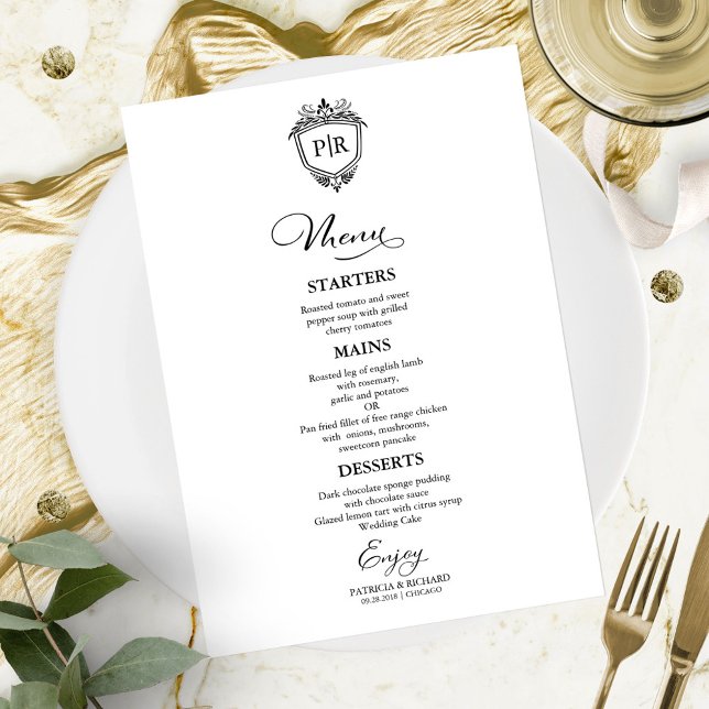 Cartes De Menu Mariage Monogramme Noir Et Blanc (Créateur téléchargé)