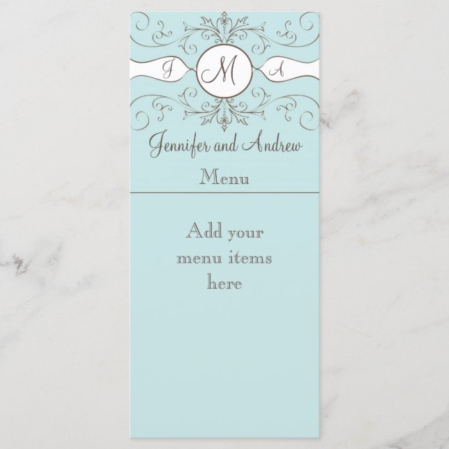 Cartes de menu Mariage Monogrammes Noms Bleu (Devant)