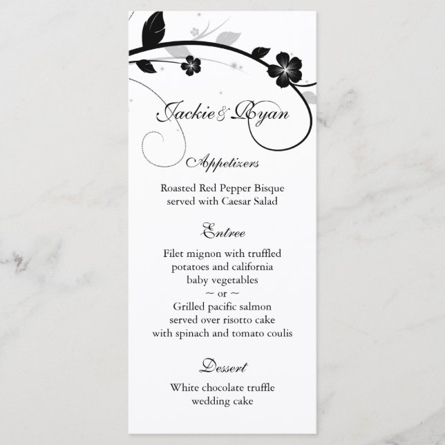 Cartes de menu mariage Mur Floral noir & blanc (Devant)