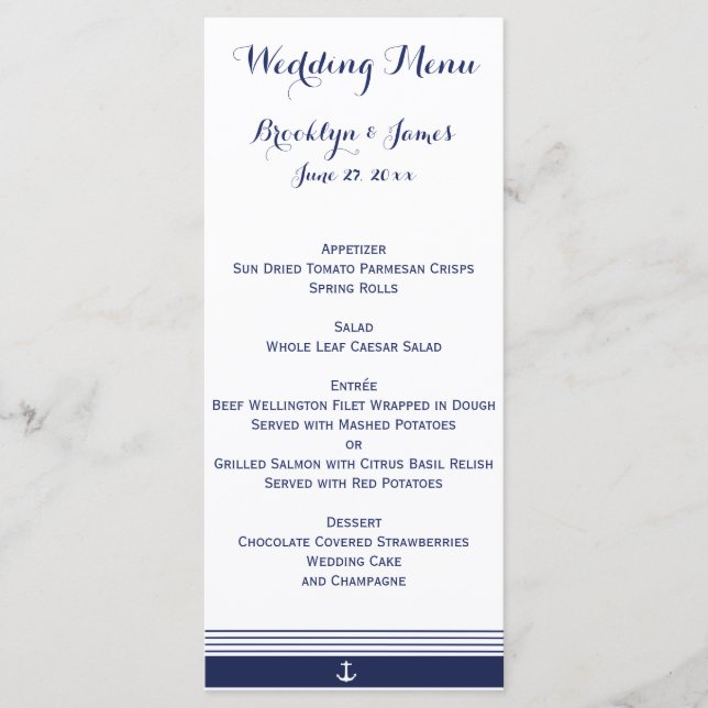 Cartes de menu Mariage Nautique personnalisées bla (Devant)