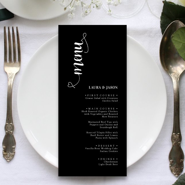 Cartes de menu Mariage noir et blanc simples (Créateur téléchargé)