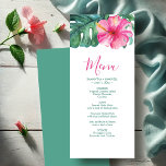 Cartes de menu Mariage personnalisées Hibiscus tro<br><div class="desc">Ces cartes de menu mariage personnalisées sont dotées d'une fleur d'hibiscus d'aquarelle unique et d'une feuille de palmier monstère dans des tons rose et vert vif. La carte revient à une couleur correspondante. Utilisez les champs modèles pour do-it-yourself votre menu personnalisé de dîner de mariage. Un choix tropical insulaire chic...</div>