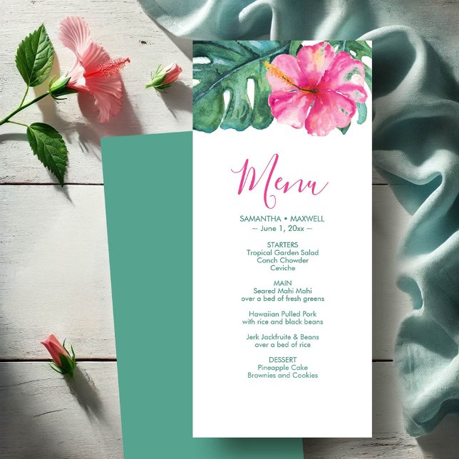 Cartes de menu Mariage personnalisées Hibiscus tro (Wedding menu cards watercolor hibiscus flower & palm leaves by Victoria Grigaliunas DoTellABelle)