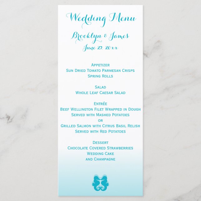 Cartes de menu Mariage pour hippocampe bleu person (Devant)