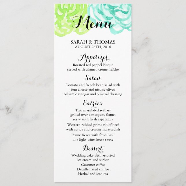 Cartes de menu Mariage pour les fleurs d'aquarelle (Devant)