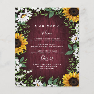 Cartes de menu Mariage pour tournesol rouge Bourgo