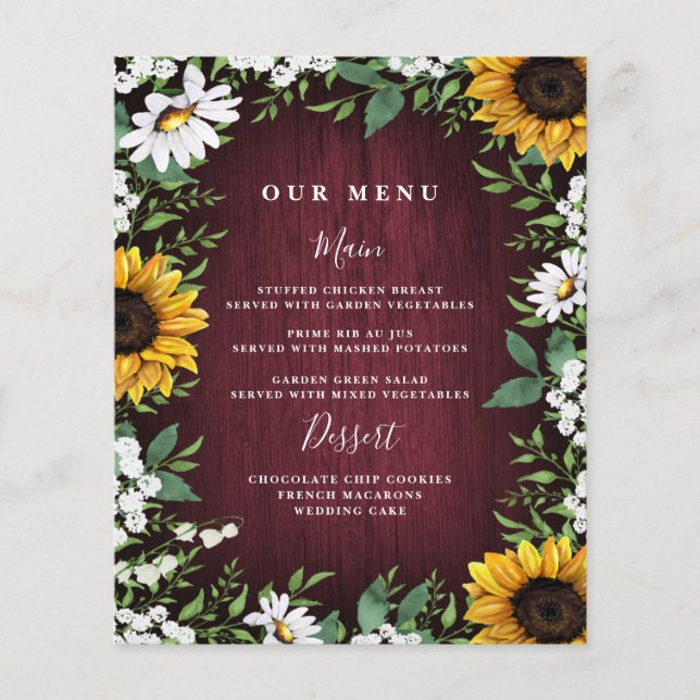 Cartes de menu Mariage pour tournesol rouge Bourgo (Devant)