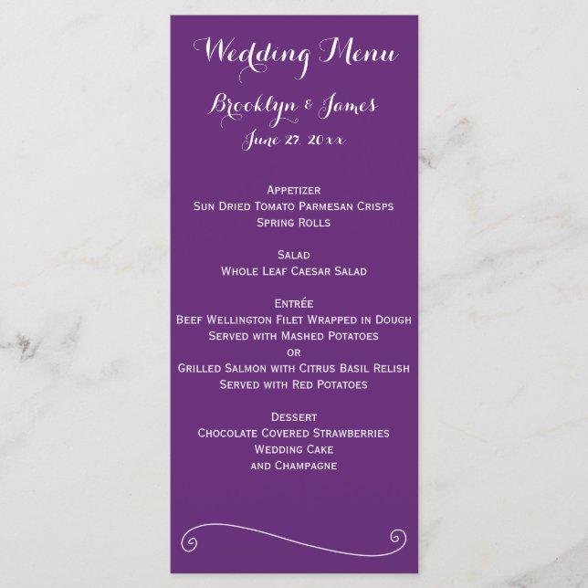 Cartes de menu Mariage pourpre personnalisées (Devant)