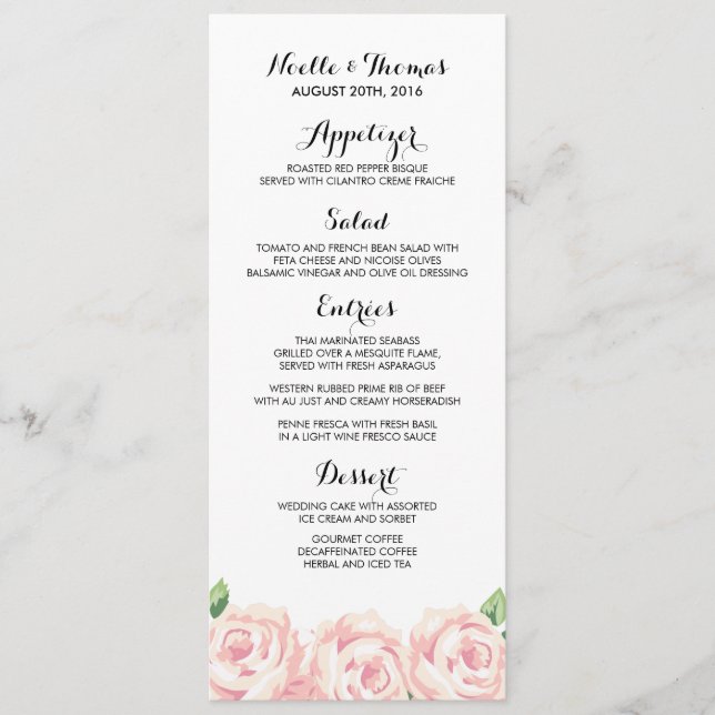 Cartes de menu Mariage Rose vintage (Devant)