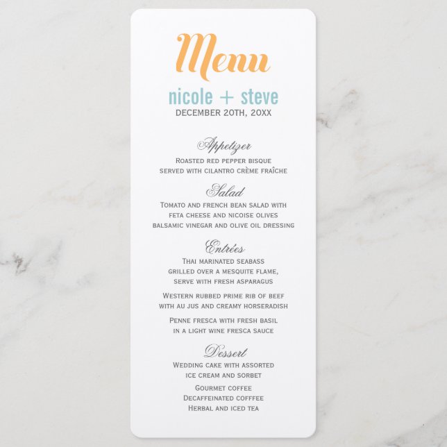 Cartes de menu Mariage Tangerine (Devant)