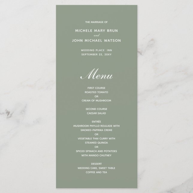 Cartes de menu Mariage vert olive simple (Devant)