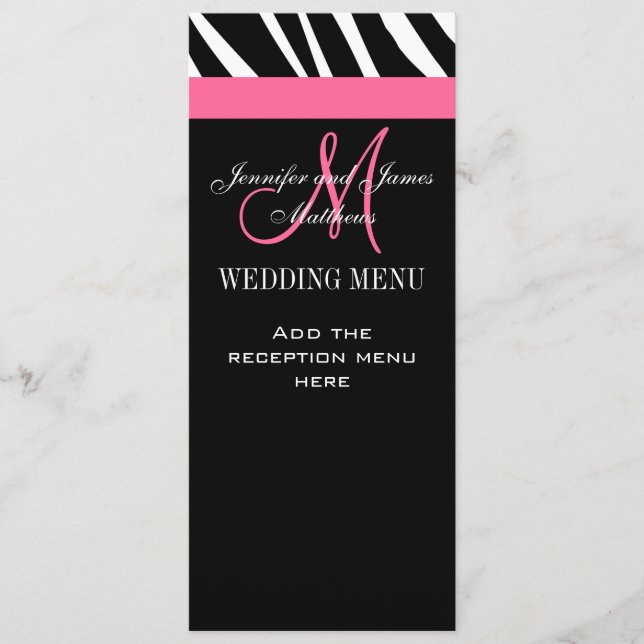 Cartes de menu Mariage Zebra Monogramme rose (Devant)