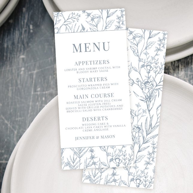 Cartes de menu mariages à fleurs bleues (Créateur téléchargé)