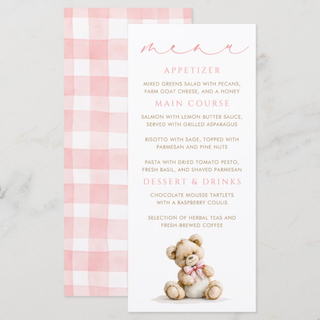 Cartes de menu Ourson en gingham rose (Devant / Derrière)