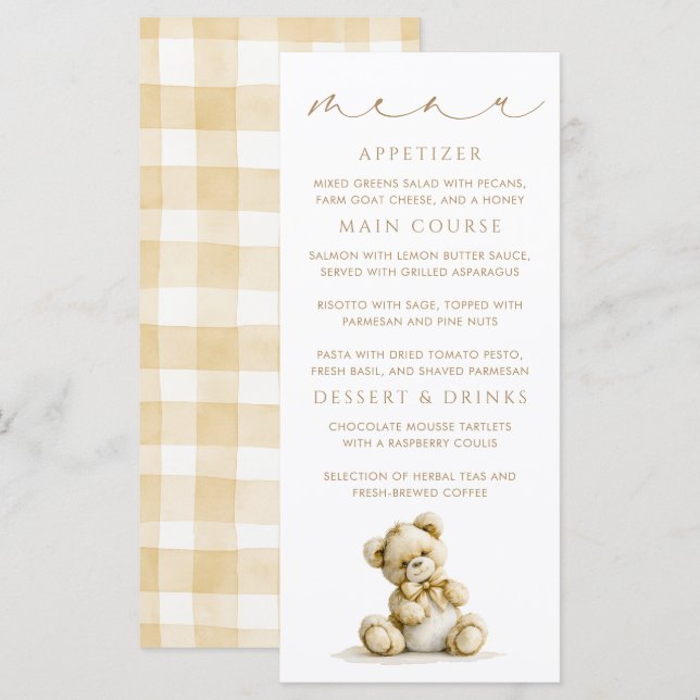 Cartes de menu Ourson Marron à carreaux (Devant / Derrière)