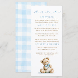 Cartes de menu Ourson motif Gingham bleu