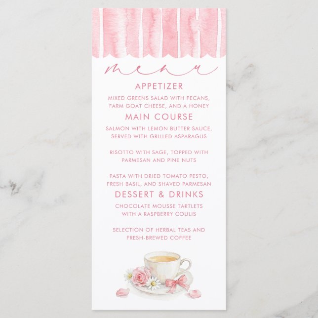 Cartes de menu pour Baby Shower sur le thème du th (Devant)