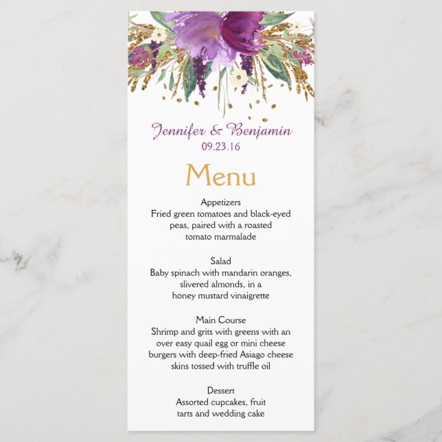 Cartes de menu Purple Amethyst Gold Watercolor (Devant)