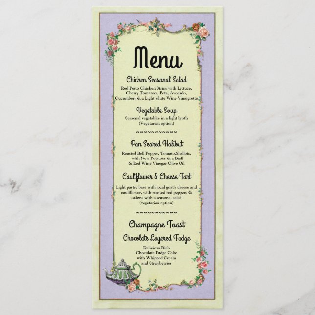Cartes de Menu Réception de Mariage Wonderland Thé (Devant)
