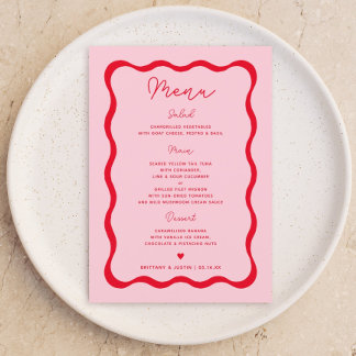 Cartes de menu Retro Pink and Red Wavy Wedding Par