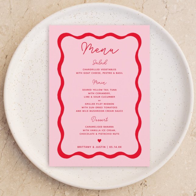 Cartes de menu Retro Pink and Red Wavy Wedding Par (Créateur téléchargé)
