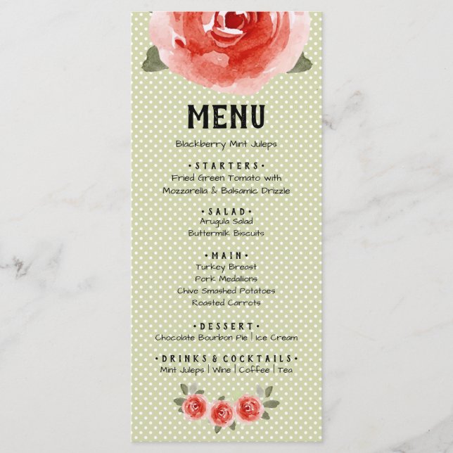 Cartes de menu Roses rouges sur chaux et points bl (Devant)