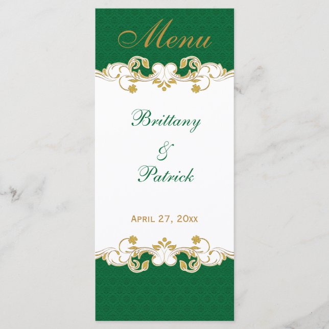 Cartes de menu Rouleaux Vert Blanc Or, Trèfles (Devant)