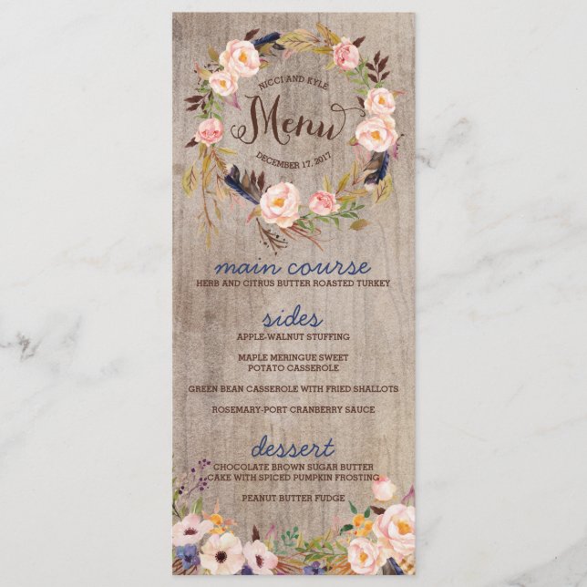Cartes de menu Rustic Floral Mariage (Devant)