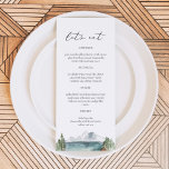 Cartes de menu Rustic Mountain Lake Pine Tree<br><div class="desc">Ce menu est composé d'une aquarelle bohème,  d'une peinture sur lac de montagne et d'une police calligraphique élégante. Ce menu est parfait pour votre campement rustique ou événement thématique en plein air.</div>