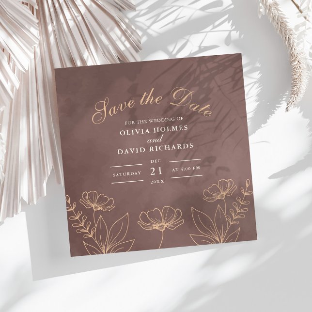 Cartes de mise en réserve de date Enchantées et Ne (Enchanted Neutral Blossoms Save The Date Card on a white boho table with dry palm leaf.)
