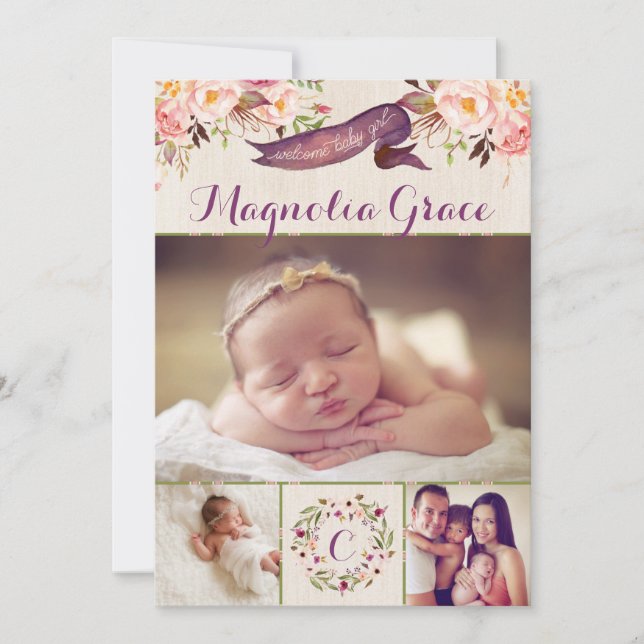 Cartes de naissance pour bébé fille avec motifs fl (Devant)