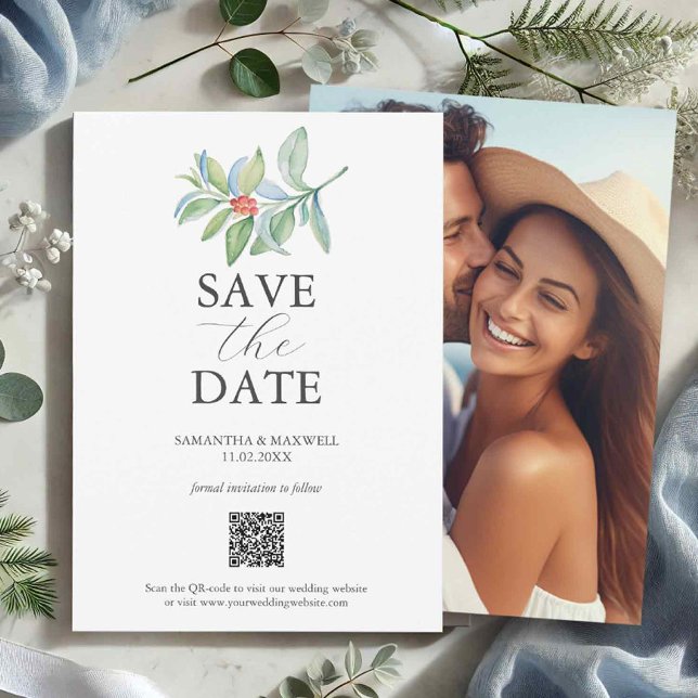 Cartes de Noël à code QR pour annoncer la date (Christmas wedding save the dates with photo and qr code holiday botanicals)