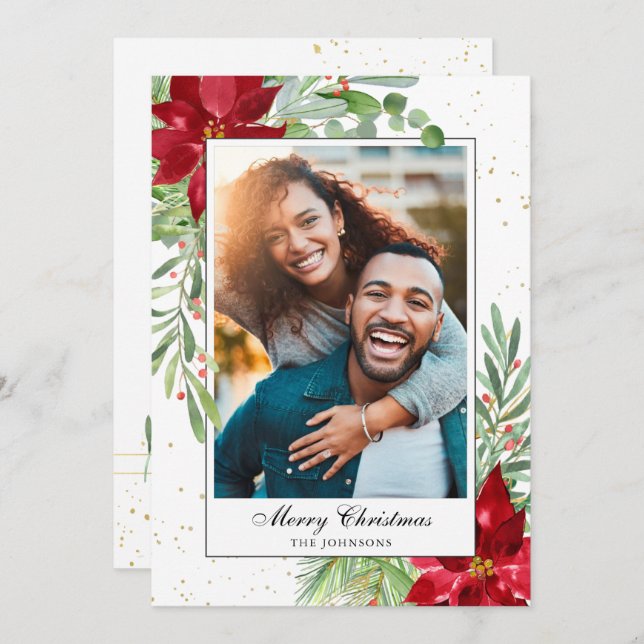 Cartes de Noël à l'aquarelle avec verdure et poins (Devant / Derrière)